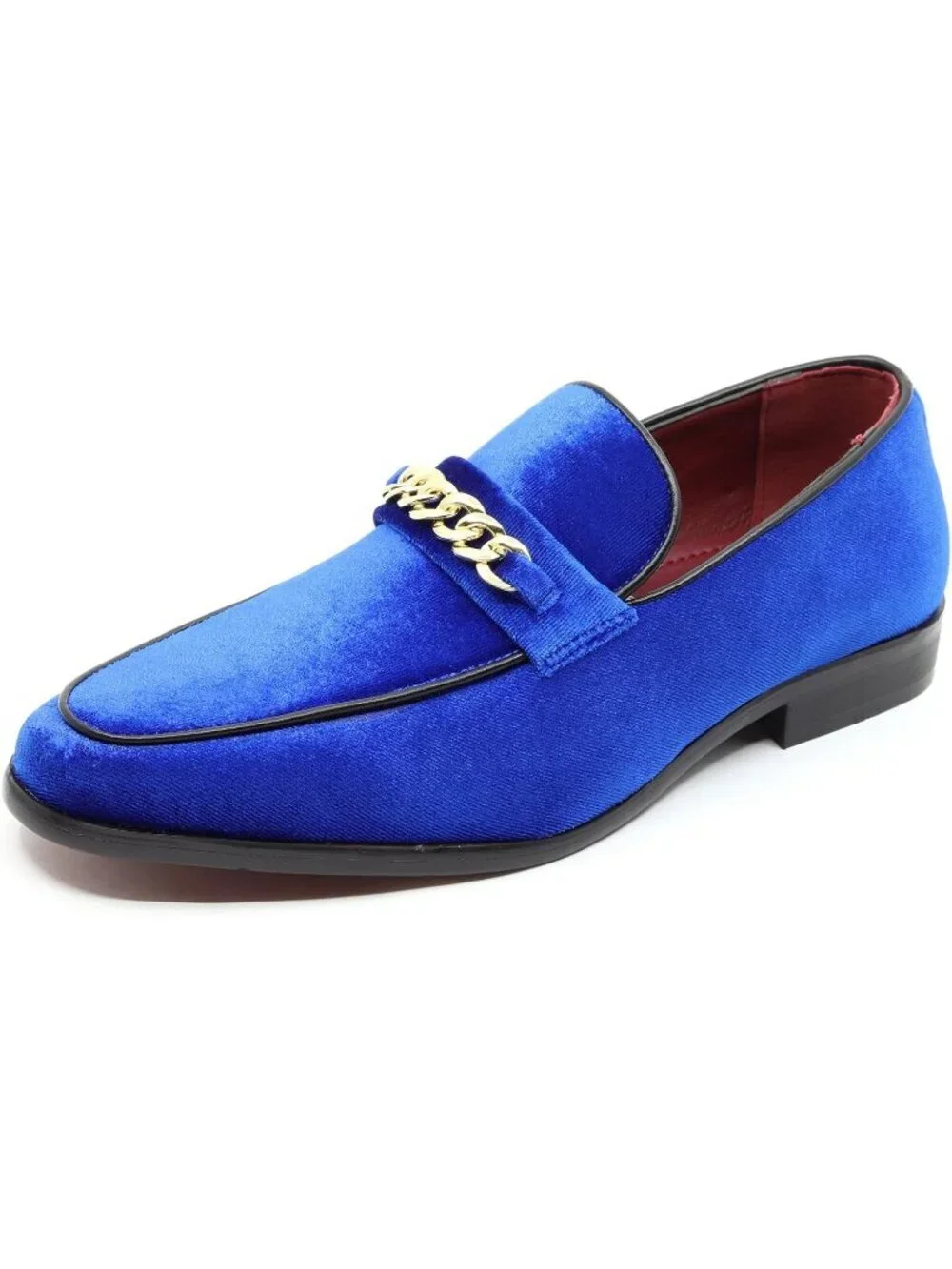 Metrocharm Men's Blue Vintage Velvet Loafers Gold Chain Buckle Slip On Shoes